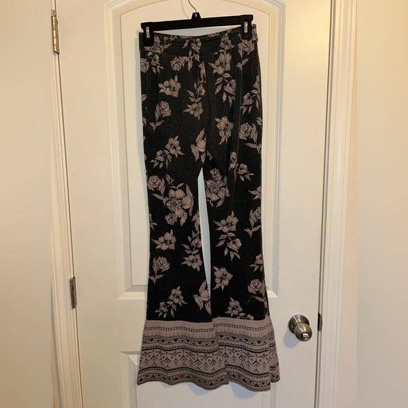Boho Floral Black and Cream flare bell bottom Women's Pants cotton - Picture 4 of 8
